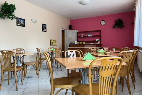 Wnętrze restauracji z drewnianymi stołami i krzesłami, różową ścianą i zielonymi roślinami.