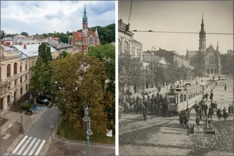 Porównanie współczesnego i historycznego rynku podgórskiego. W tle kościół św. Józefa, a na pierwszym planie tramwaje i tłum ludzi.