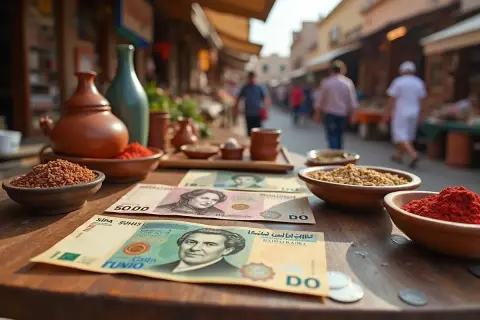 Na stole leżą banknoty, które mogą być tunezyjską walutą, obok miseczek z przyprawami i ziarnami.