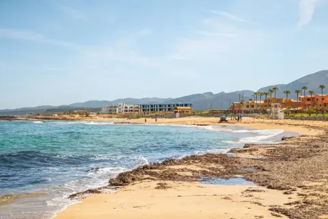 Piękna plaża na Krecie z turkusową wodą i budynkami w tle.