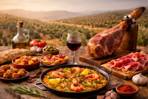 Obfity stół z przysmakami kuchni hiszpańskiej: paella, jamón, tapas i wino, na tle malowniczego krajobrazu.