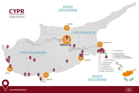 Mapa atrakcji Cypru, ukazująca jego geografię. Zaznaczone miasta: Nikozja, Pafos, Limassol, Kirenia, Famagusta.