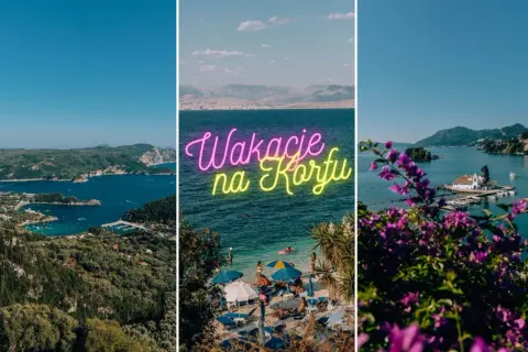 Widok na zatokę i miasteczko na Korfu. Neonowy napis "Wakacje na Korfu" nad plażą.