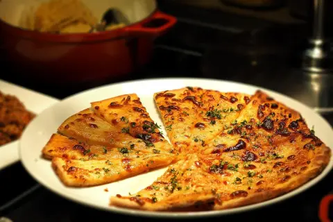 Kawałki pizzy z serem i ziołami na białym talerzu.
