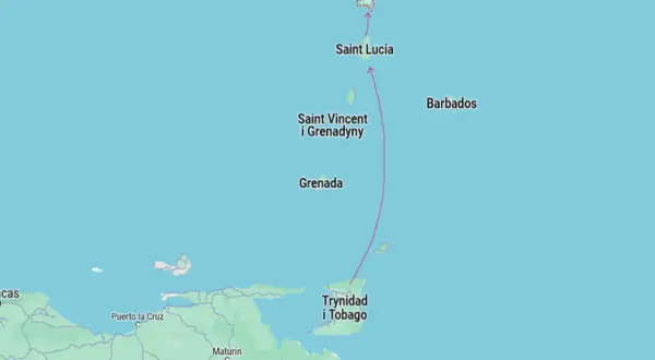 Mapa Karaibów z zaznaczoną trasą żeglugową. Widoczna Martynika, Saint Lucia, Grenada, Trynidad i Tobago oraz wybrzeże Wenezueli.