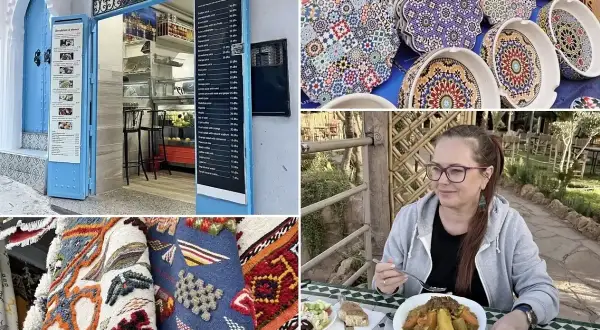 Menu z cenami w Maroku, kolorowe talerze, dywany i kobieta jedząca tadżin.