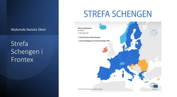 Mapa Europy z zaznaczoną strefą Schengen. Lista państw członkowskich i kandydujących.