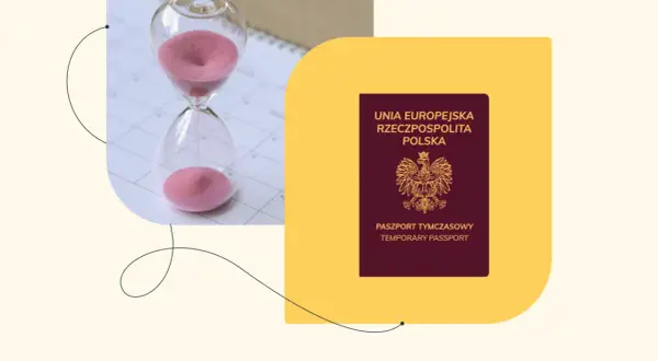 Kiedy zastanawiasz się, ile kosztuje paszport tymczasowy, widzisz klepsydrę i polski paszport.