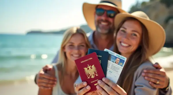 Rodzina na plaży trzyma paszporty. Czy do Hiszpanii potrzebny jest paszport? Tak, jeśli podróżujesz spoza strefy Schengen.