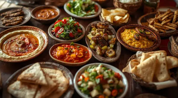 Bogaty stół z różnorodnymi **meze**: hummus, sałatki, pieczone warzywa, chleb i inne smakołyki.