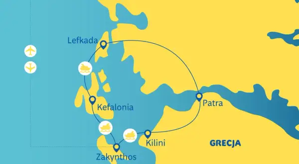 Mapa Grecji z zaznaczonymi wyspami Eptanisa: Lefkada, Kefalonia, Zakynthos, Kilini i Patra.