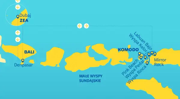 Mapa podróży po Indonezji: loty z Dubaju na Bali, a następnie do Komodo i na Małe Wyspy Sundajskie.