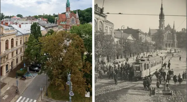 Porównanie współczesnego i historycznego rynku podgórskiego. W tle kościół św. Józefa, a na pierwszym planie tramwaje i tłum ludzi.