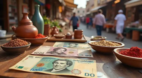 Na stole leżą banknoty, które mogą być tunezyjską walutą, obok miseczek z przyprawami i ziarnami.