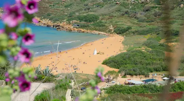Malta pogoda kwiecień: piaszczysta plaża z turystami, turkusowe morze i zielone wzgórza. W oddali biała wieża.