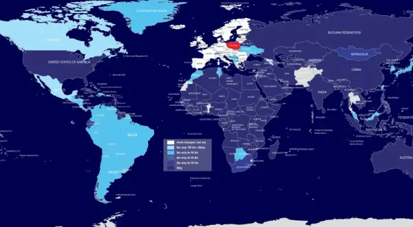 Mapa świata pokazująca wymagania wizowe do USA. Kolory oznaczają okresy bezwizowe lub konieczność wizy.