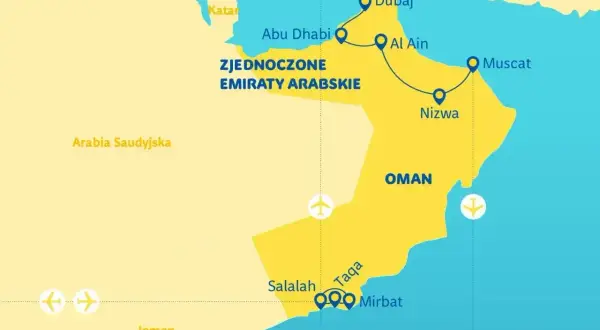 Mapa przedstawia trasę podróży przez Zjednoczone Emiraty Arabskie i państwo Oman, z zaznaczonymi miastami jak Dubaj, Maskat, Salalah.