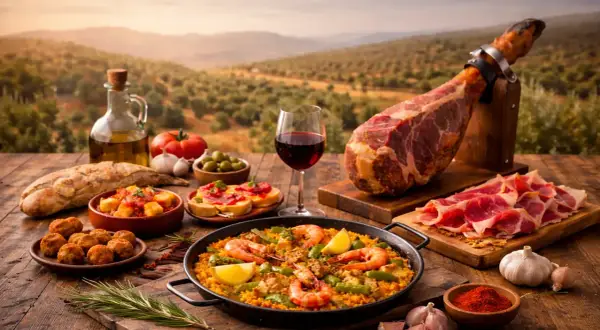 Obfity stół z przysmakami kuchni hiszpańskiej: paella, jamón, tapas i wino, na tle malowniczego krajobrazu.