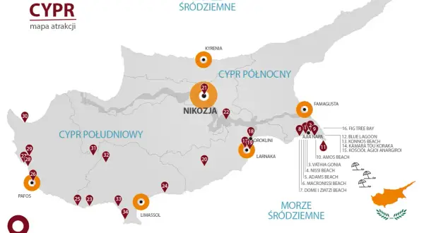 Mapa atrakcji Cypru, ukazująca jego geografię. Zaznaczone miasta: Nikozja, Pafos, Limassol, Kirenia, Famagusta.
