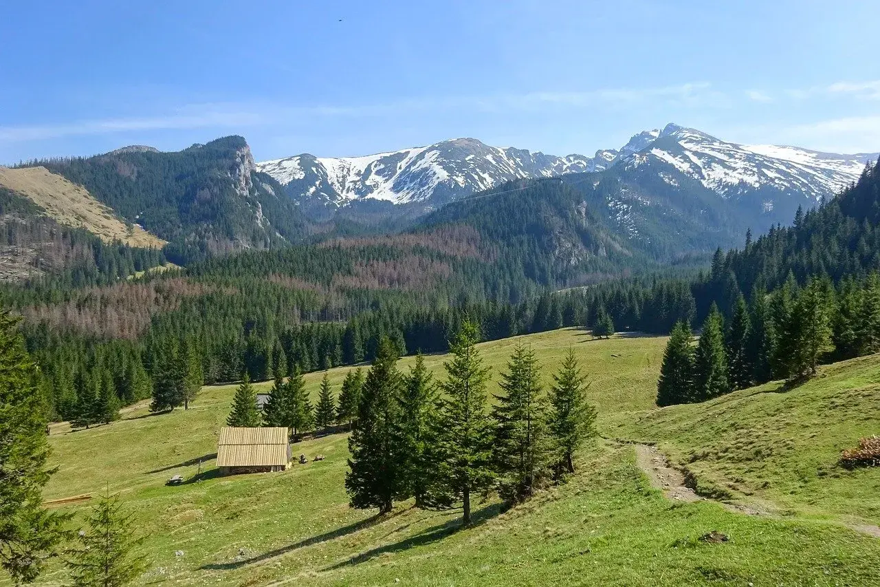 Piękne **zakopane góry** z ośnieżonymi szczytami, zielonymi dolinami i lasami. W oddali widać drewniany szałas.