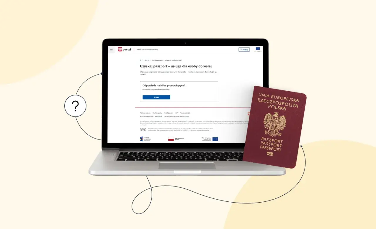 Czy do Grecji potrzebny jest paszport? Na laptopie widać stronę gov.pl z informacją o uzyskaniu paszportu, obok leży polski paszport.