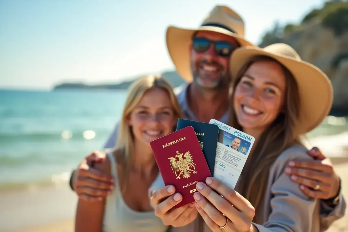 Rodzina na plaży trzyma paszporty. Czy do Hiszpanii potrzebny jest paszport? Tak, jeśli podróżujesz spoza strefy Schengen.