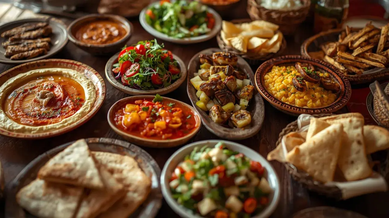 Bogaty stół z różnorodnymi **meze**: hummus, sałatki, pieczone warzywa, chleb i inne smakołyki.