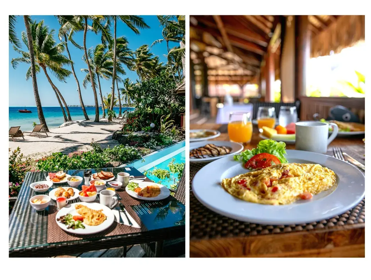 Rajskie śniadanie z widokiem na plażę i ocean. Idealne na bora-bora loty.