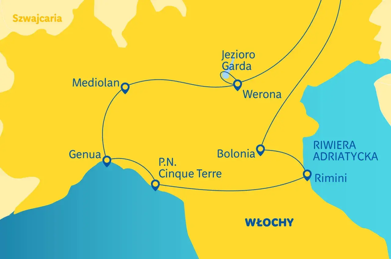 Mapa regionów Włoch: Mediolan, Genua, Cinque Terre, Bolonia, Werona, Jezioro Garda, Rimini i Riwiera Adriatycka.