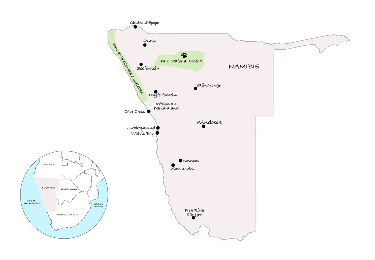 Mapa Namibii z zaznaczonymi atrakcjami, idealna do planowania namibia wycieczka: Etosha, Sossusvlei, Wybrzeże Szkieletów.