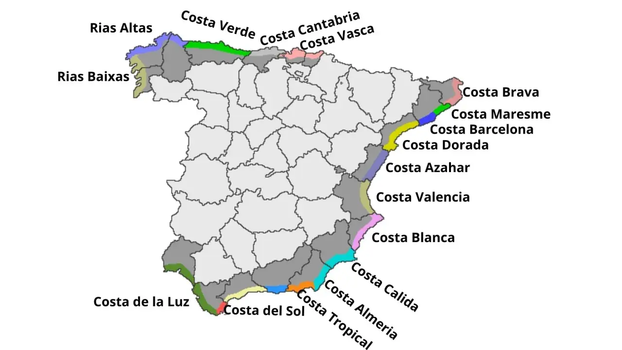Mapa Hiszpanii z zaznaczonymi wybrzeżami. Gdzie na wakacje? Od Rias Baixas po Costa Brava, każdy znajdzie coś dla siebie.