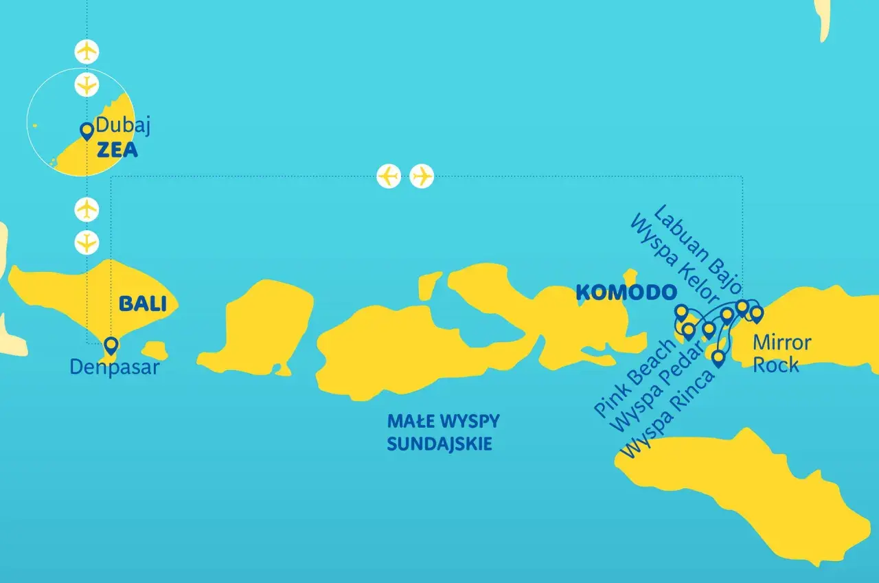 Mapa podróży po Indonezji: loty z Dubaju na Bali, a następnie do Komodo i na Małe Wyspy Sundajskie.