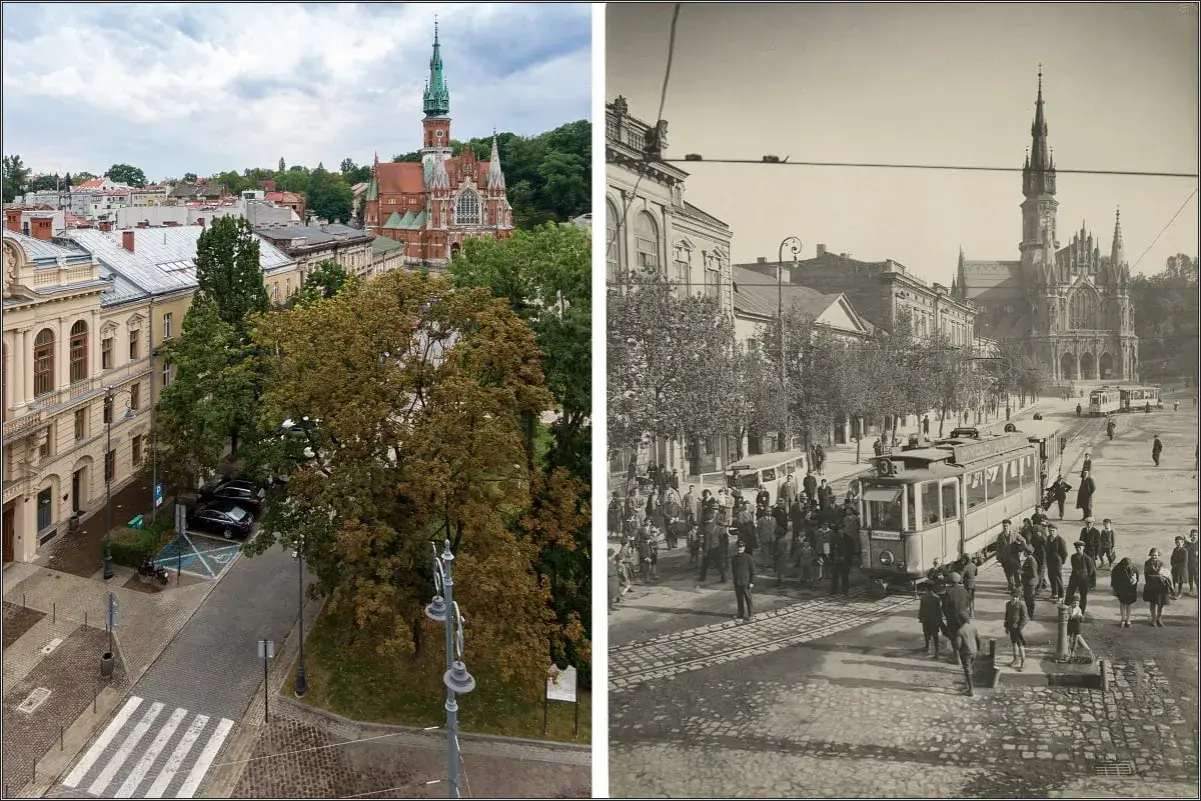 Porównanie współczesnego i historycznego rynku podgórskiego. W tle kościół św. Józefa, a na pierwszym planie tramwaje i tłum ludzi.