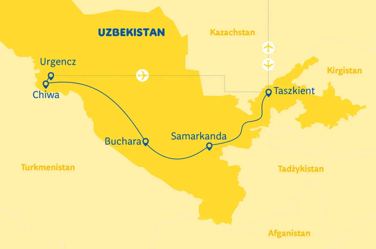 Mapa pokazuje trasę wycieczki po Uzbekistanie: z Chiwy przez Bucharę i Samarkandę do Taszkentu.