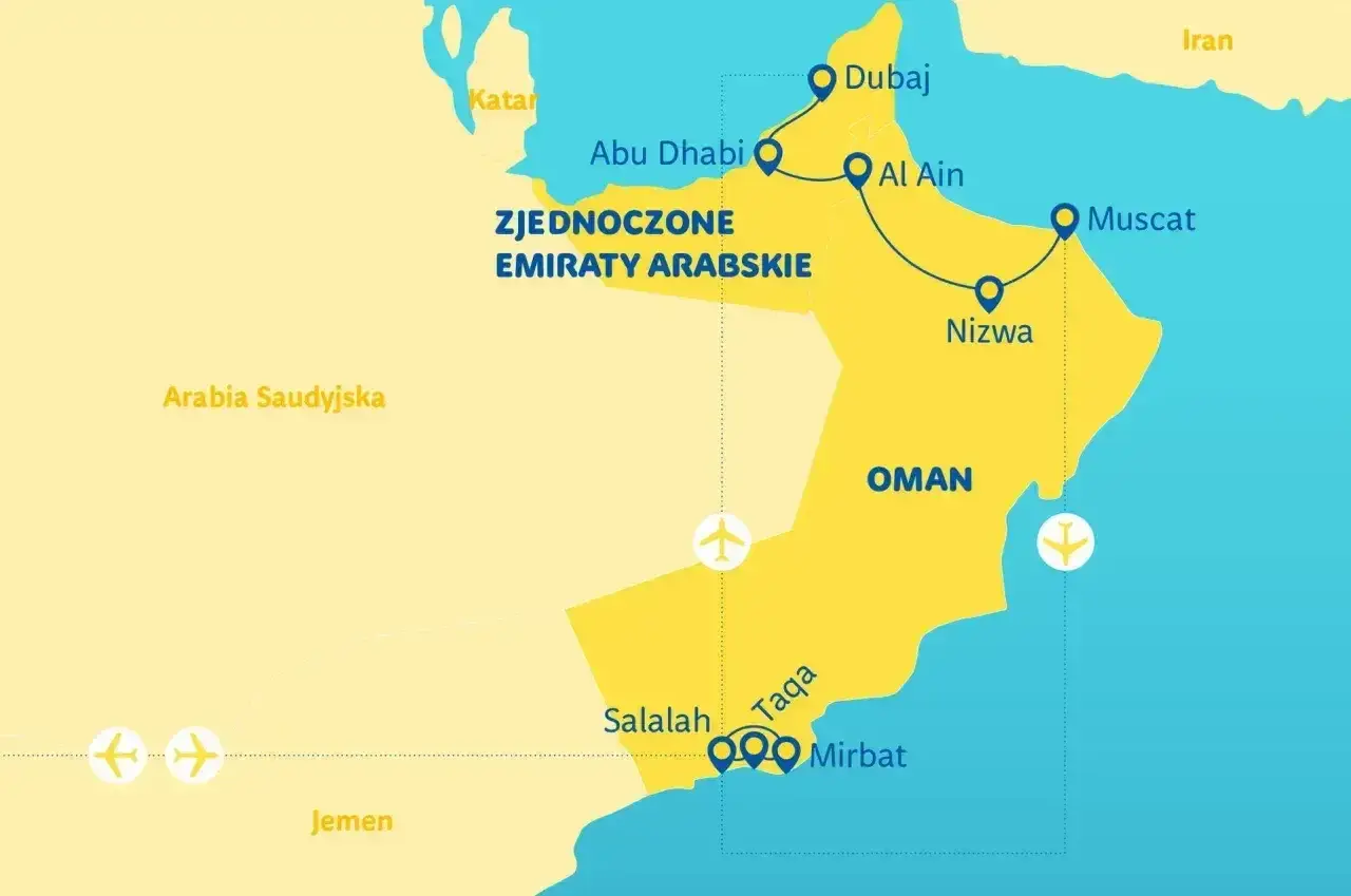 Mapa przedstawia trasę podróży przez Zjednoczone Emiraty Arabskie i państwo Oman, z zaznaczonymi miastami jak Dubaj, Maskat, Salalah.