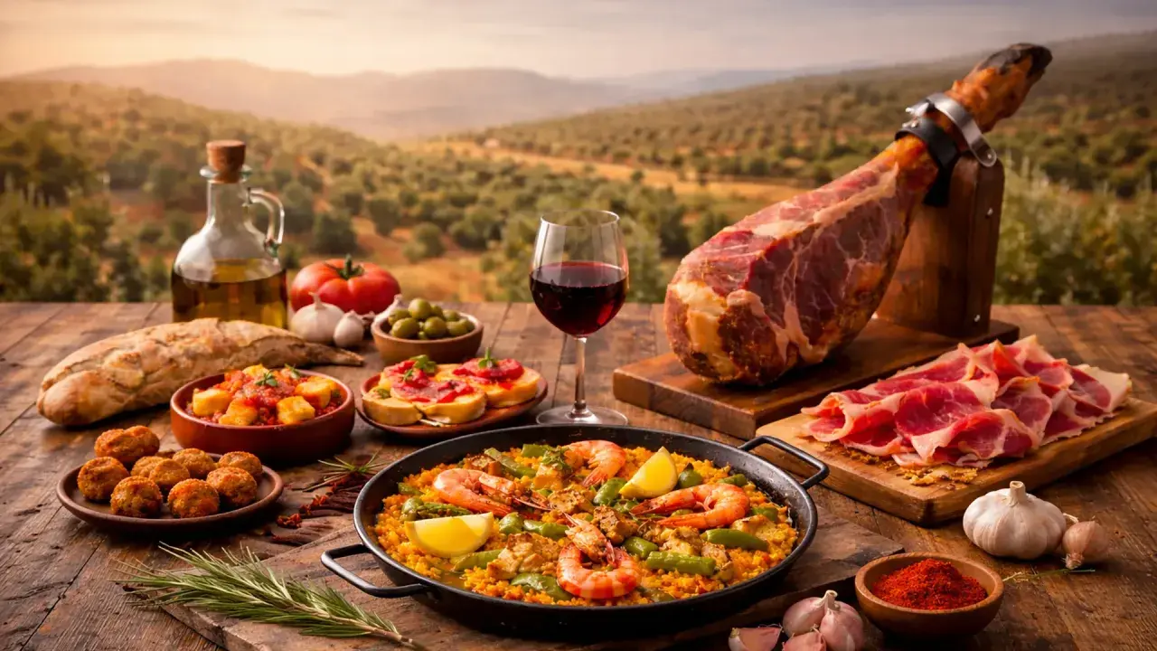 Obfity stół z przysmakami kuchni hiszpańskiej: paella, jamón, tapas i wino, na tle malowniczego krajobrazu.