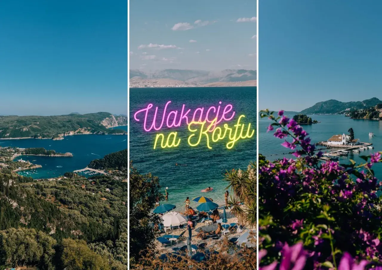 Widok na zatokę i miasteczko na Korfu. Neonowy napis "Wakacje na Korfu" nad plażą.