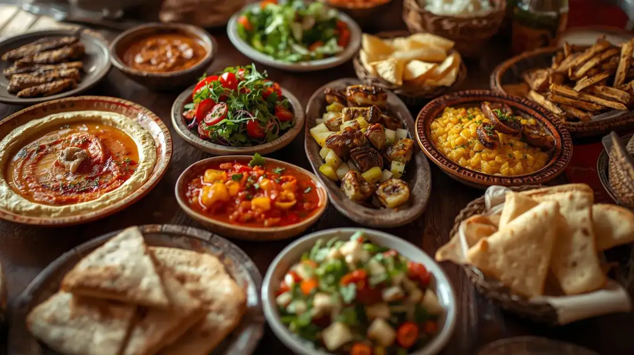 Bogaty stół z różnorodnymi **meze**: hummus, sałatki, pieczone warzywa, chleb i inne smakołyki.