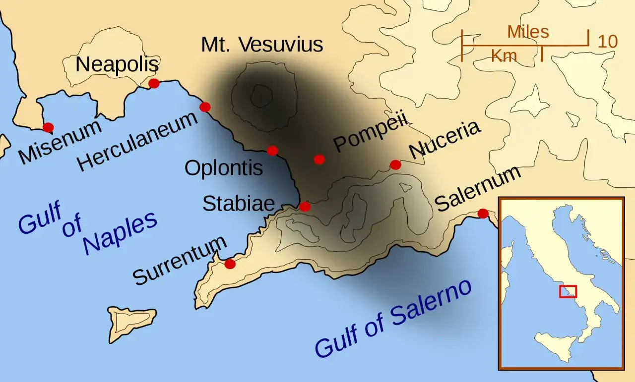 Mapa okolic Wezuwiusza, pokazująca Pompeje i inne miasta. Idealna do planowania zwiedzania!