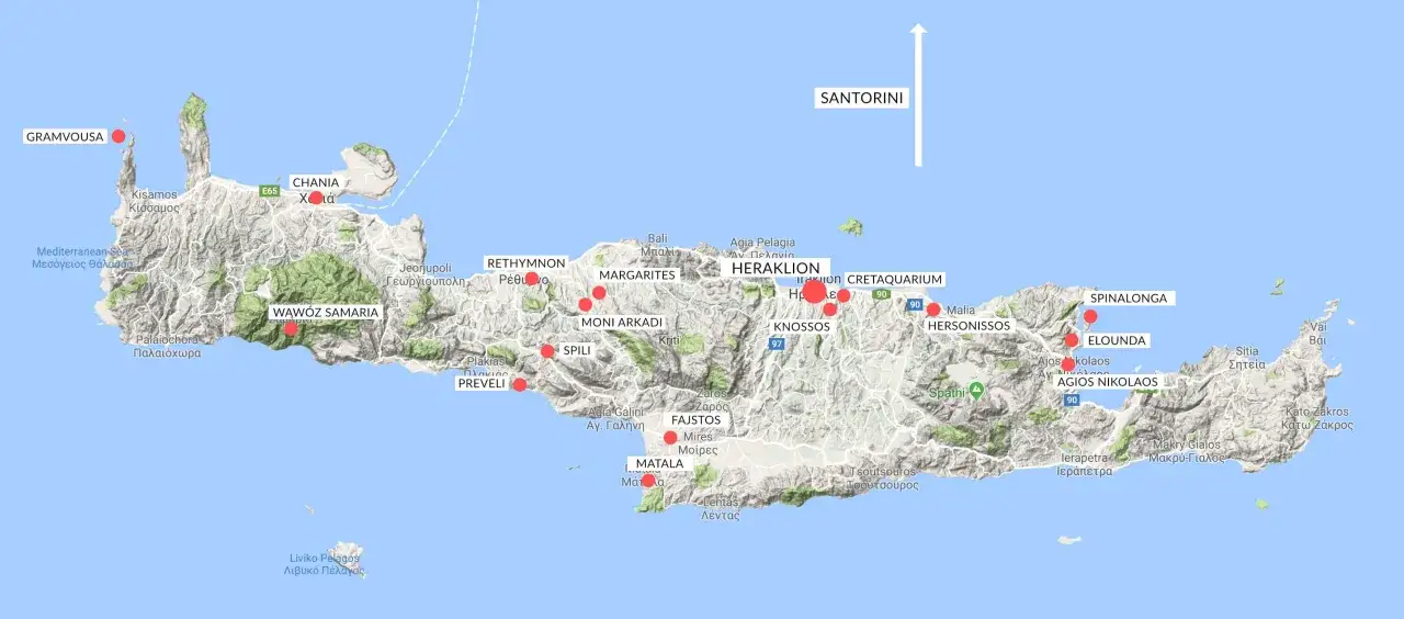 Mapa Kret, największej wyspy greckiej, z zaznaczonymi miastami: Chania, Rethymnon, Heraklion, Agios Nikolaos, oraz atrakcjami.