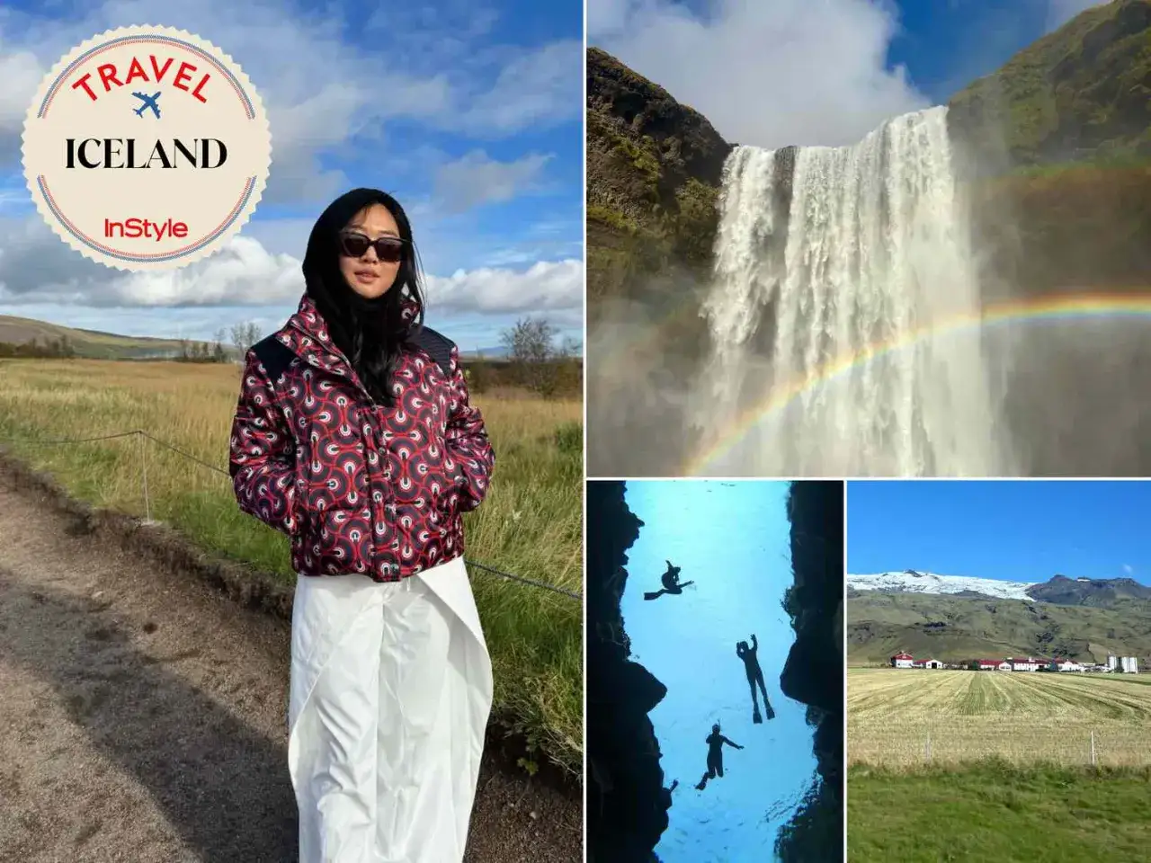 Islandia klimat: kobieta w kurtce, wodospad z tęczą, nurkowanie w jaskini i krajobraz z farmą.