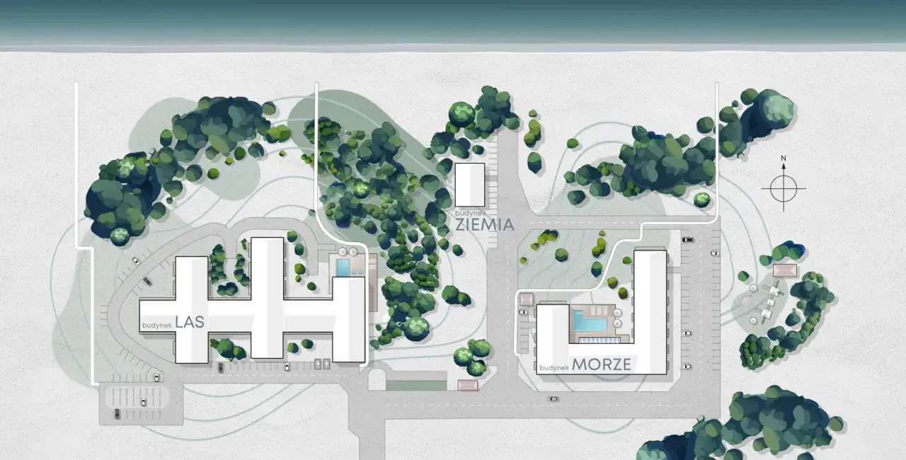 Plan architektoniczny Saltic Resort & Spa Łeba: budynki LAS, ZIEMIA, MORZE, baseny, parkingi, plaża. Opinie o obiekcie zachęcają do wizyty.