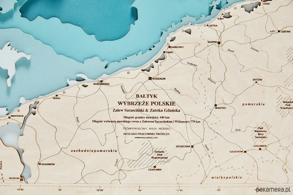 Trójwymiarowa mapa polskiego wybrzeża Bałtyku, idealna na wakacje nad Bałtykiem. Widoczne Kołobrzeg, Ustka, Słupsk, Koszalin, Zatoka Gdańska.