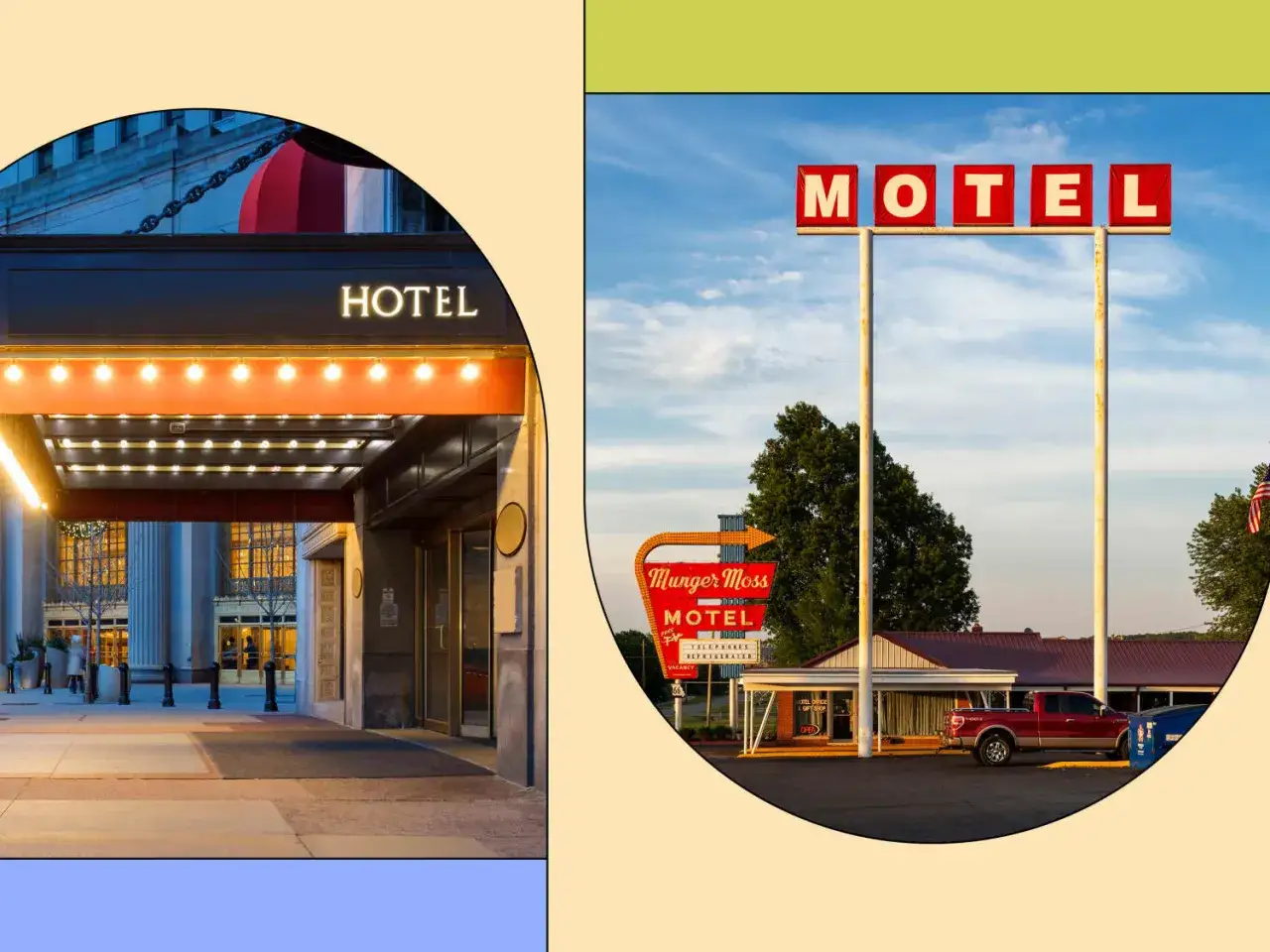 Elegancki hotel kontra klasyczny motel. Różnice widać od razu: hotel oferuje więcej udogodnień, motel jest prostszy.