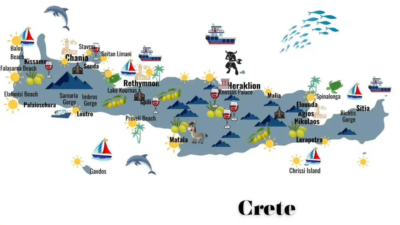 Mapa Krety z zaznaczonymi atrakcjami. Wyspa leży nad Morzem Śródziemnym, otoczona wodami Morza Kreteńskiego i Libijskiego.