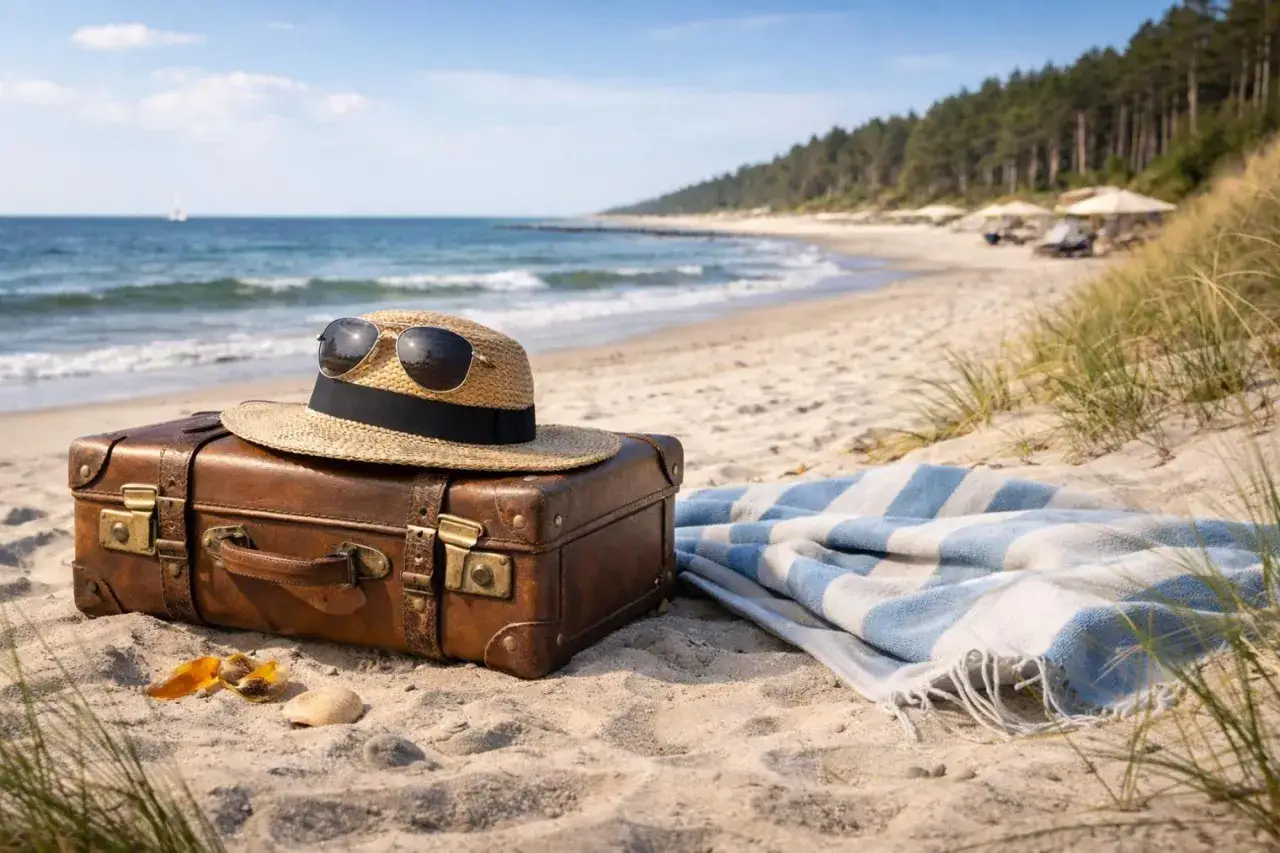 Walizka, słomkowy kapelusz i okulary przeciwsłoneczne na plaży. Idealne na 10 dniowe wczasy nad morzem z wyżywieniem.