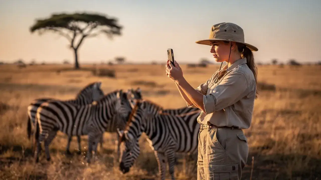 Kobieta w kapeluszu robi zdjęcie zebran na kenijskim safari. Zachodzące słońce oświetla sawannę.