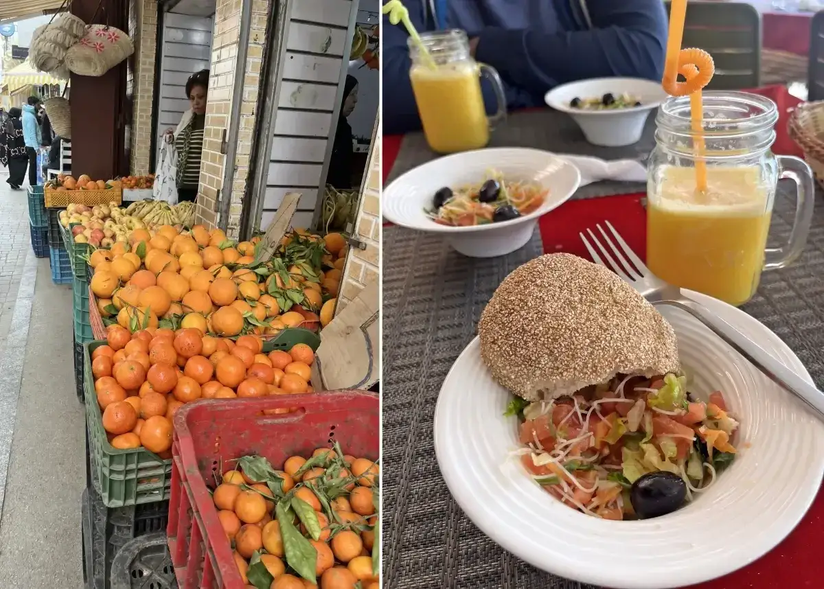 Świeże owoce na straganie i posiłek w restauracji. Ceny w Maroku są przystępne, zwłaszcza za soczyste pomarańcze.