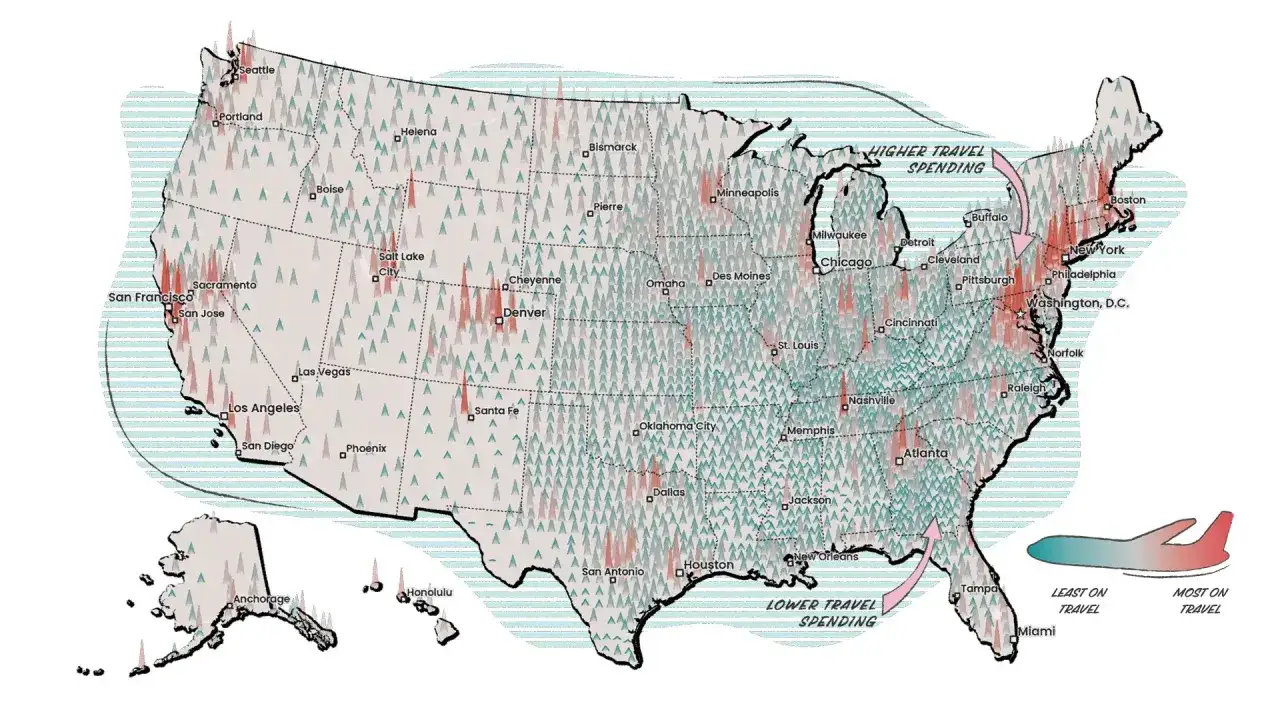 Mapa USA z zaznaczonymi miastami i wizualizacją wydatków na podróże. Wyjazd do USA może być droższy lub tańszy w zależności od regionu.