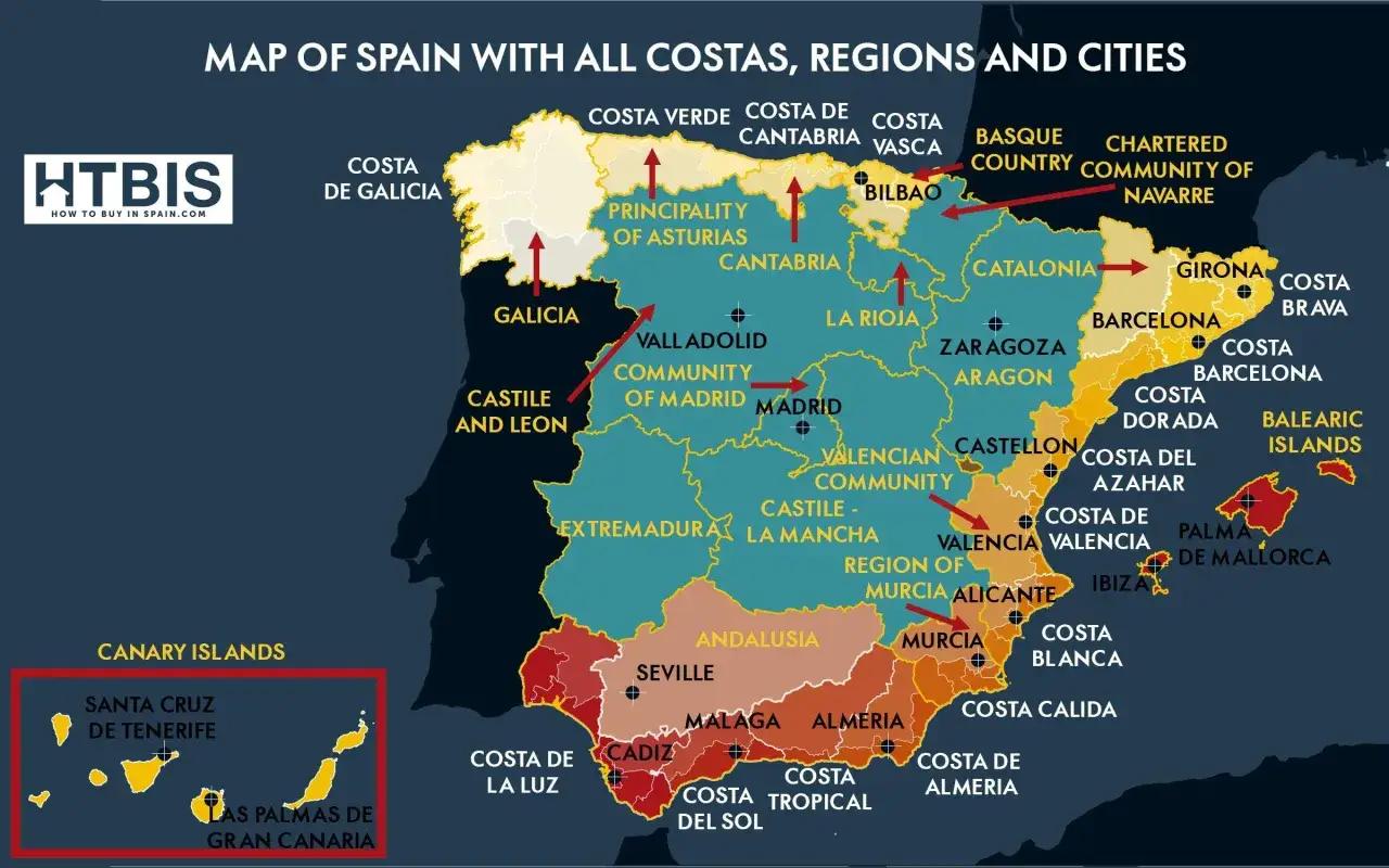 Mapa Hiszpanii z zaznaczonymi regionami, wybrzeżami (costas) i miastami. Obejmuje m.in. Andaluzję, Katalonię, Wyspy Kanaryjskie.